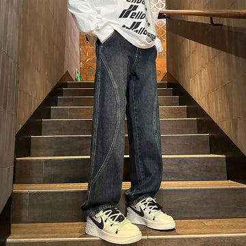 Straight Leg Jeans Men Washed Solid Trousers Panel Design Denim Pants Autumn Fall Male Wear New 2025 High-quality denim pants